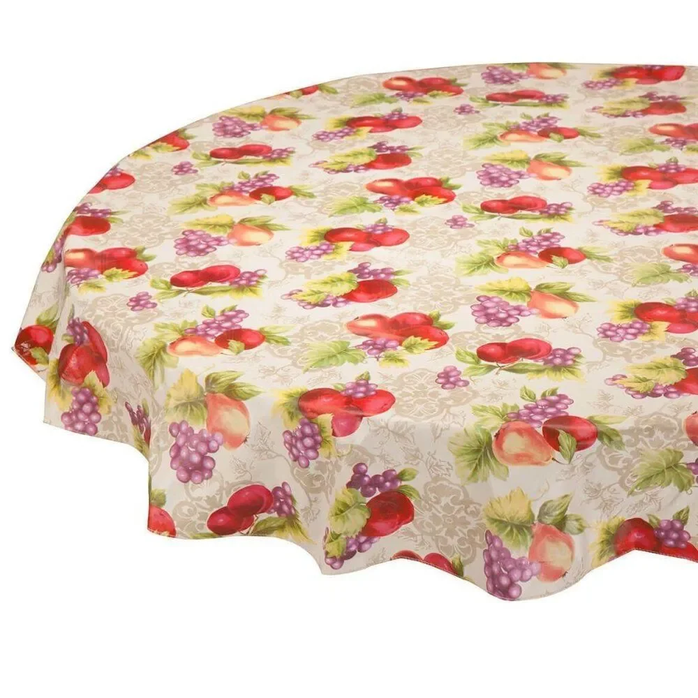 Harvest Fruit Vinyl Tablecloth 70-in Round Apple Grapes Pears Kitchen Table